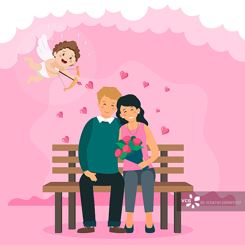 一对相爱的情侣坐在公园的长椅上。卡通丘比特拿着弓射箭。可爱的心装饰。约会inPark爱。平的风格。矢量图图片素材