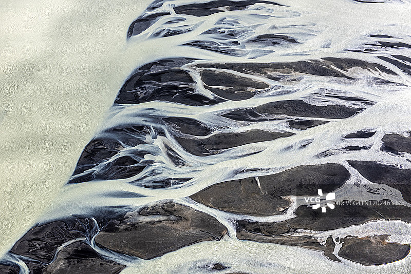 从直升飞机上俯瞰，美丽的冰岛风景被流动的冰川河流装饰着图片素材