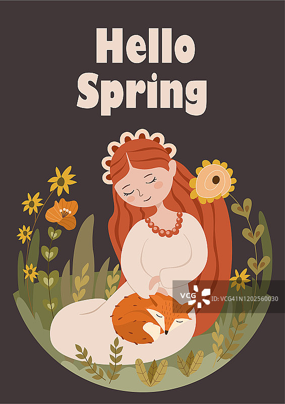 春天的插图与花，女孩和狐狸。漂亮的模板为卡片和其他用途。图片素材