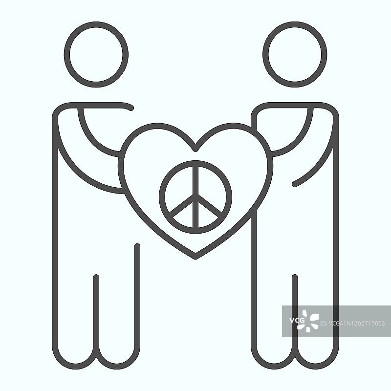 人们手持爱与和平的象征细线图标。反战和爱符号矢量插图孤立在白色。人以和平符号在心轮廓风格设计，专为网页和应用程序设计。Eps 10。图片素材