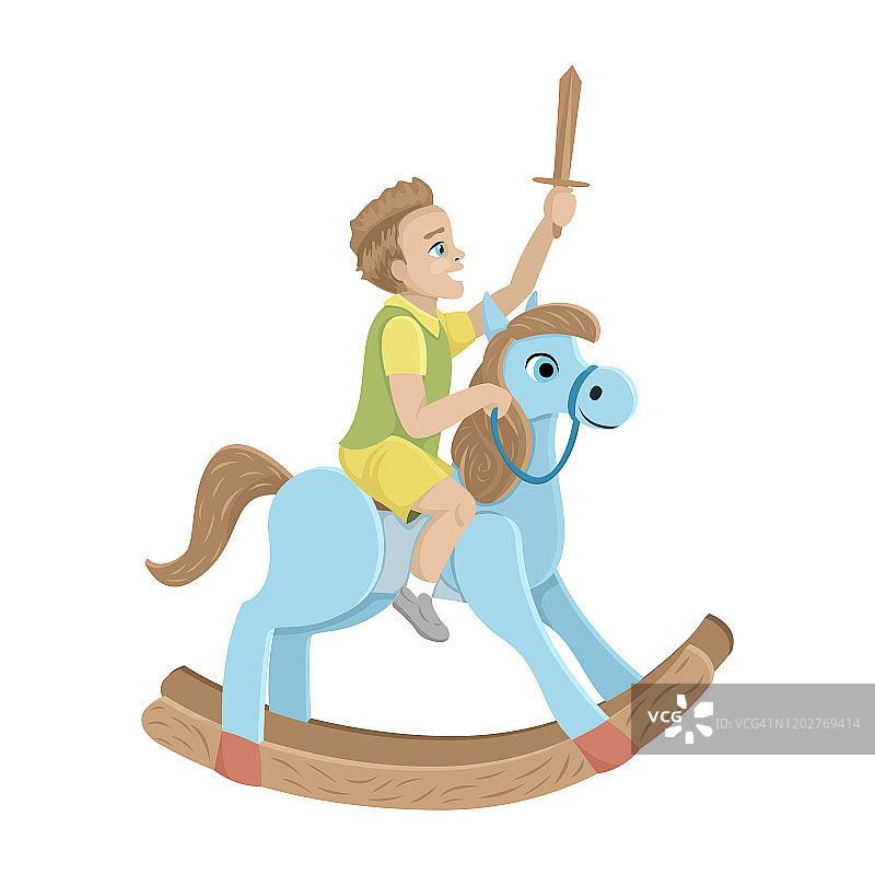 小男孩骑着木马。手握木剑，摇摆和骑马图片素材