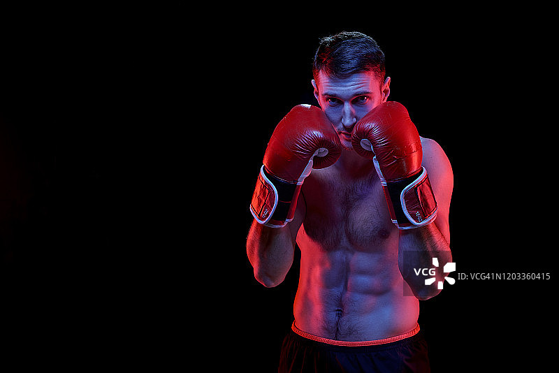 年轻的肌肉发达的拳击手在拳击手套站在镜头前准备战斗图片素材