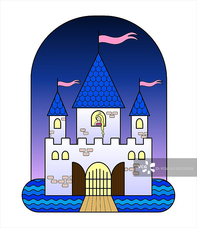 童话般的城堡有三塔，公主，旗帜，大门，护城河，吊桥。童话城堡的女孩。一个悲伤的长发公主在城堡里等待一个骑士。矢量图像。图片素材