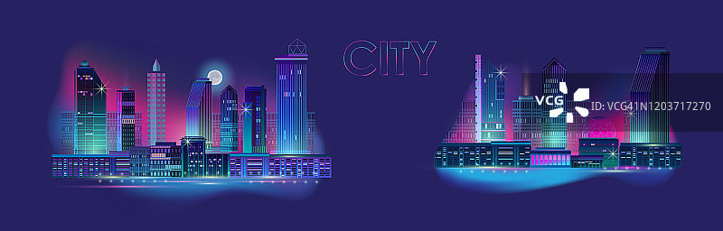 夜间城市全景与霓虹灯在蓝色背景。向量集。图片素材