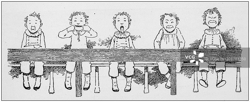 古董插图:五个小孩做鬼脸图片素材