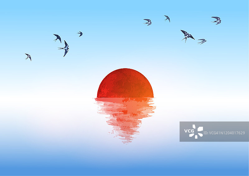 日出的阳光映在水中，小燕子在蓝色的天空。传统的东方水墨画粟娥、月仙、围棋。图片素材
