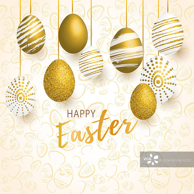 复活节快乐的背景与许多现实的金色发光装饰鸡蛋图片素材