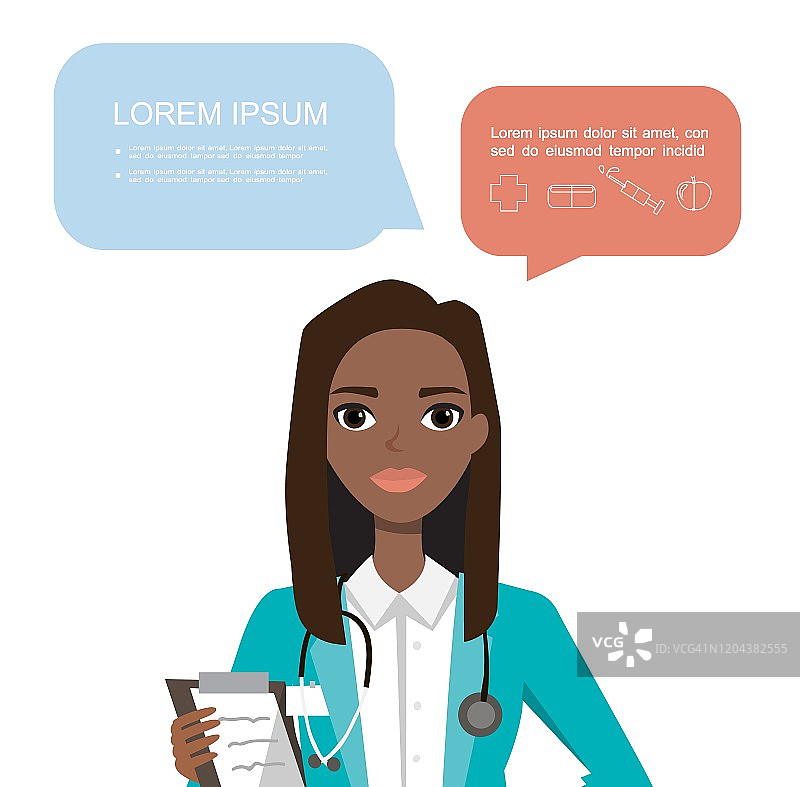 非裔美国女医生。医院工作人员拿着剪贴板，用语音框说话。图片素材