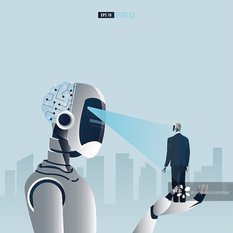 具有人工智能技术概念的未来类人商务人士。一个大机器人正在扫描另一个机器人。矢量图图片素材