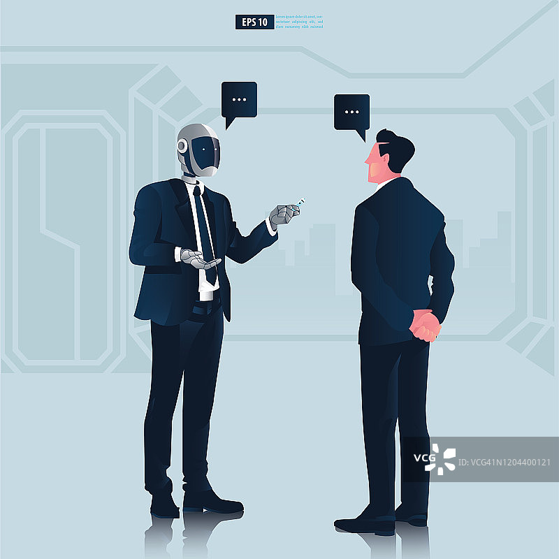 具有人工智能技术概念的未来类人商务人士。商人与机器人交谈或聊天机器人矢量插图图片素材