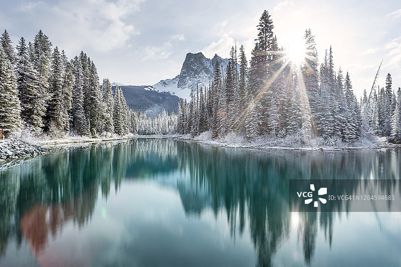 森林和山脉反射翡翠湖，班夫国家公园，加拿大阿尔伯塔省图片素材