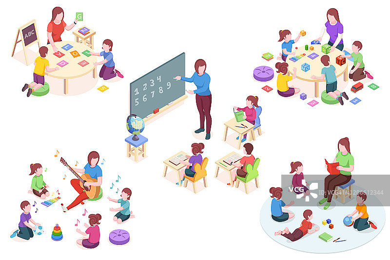 幼儿园等距矢量元素，幼儿和教师学习活动。幼儿园教师在黑板上教孩子字母和数字，学习唱歌和读书，学前教育图片素材