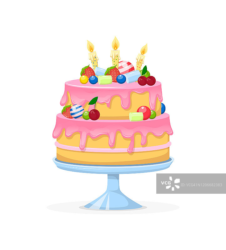 生日正方形蛋糕与蜡烛卡通矢量插图图片素材