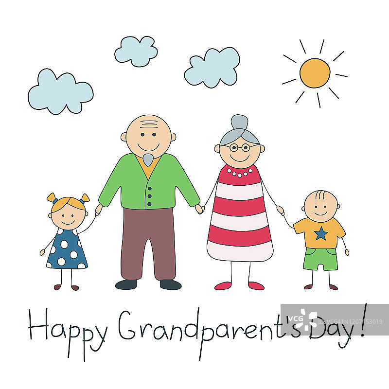 祝爷爷奶奶和孙子孙女们快乐。愉快的一天。矢量插图在涂鸦和卡通风格。图片素材