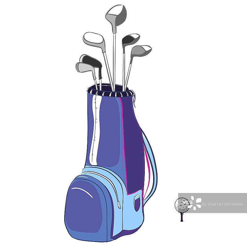 矢量插图蓝色和紫色的高尔夫球袋垂直布局与高尔夫球杆在白色的背景图片素材