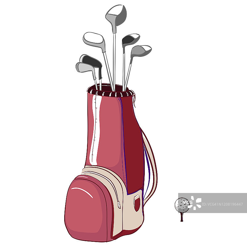 矢量插图的红色和勃艮第高尔夫球袋垂直布局与高尔夫球杆在一个白色的背景图片素材