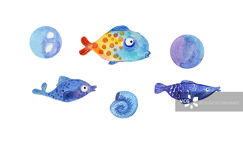 设置明亮，蓝色，水族馆，海鱼与泡沫。图片素材