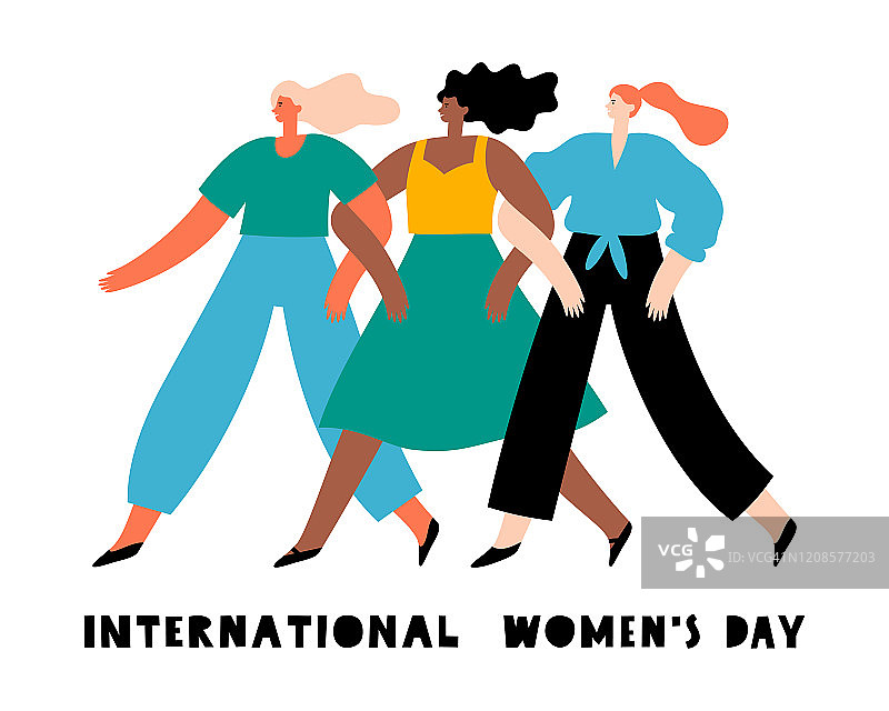 国际妇女节。矢量插图与妇女不同国籍。女孩力量的概念。自由、独立、平等。图片素材