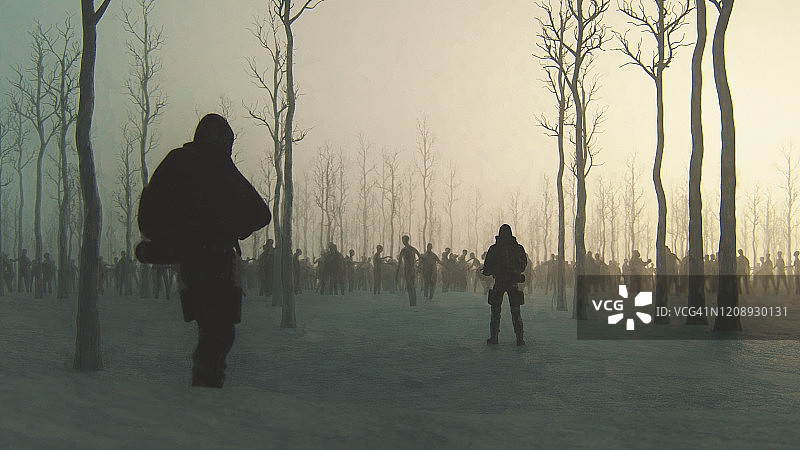 僵尸末日幸存者在冬季森林图片素材