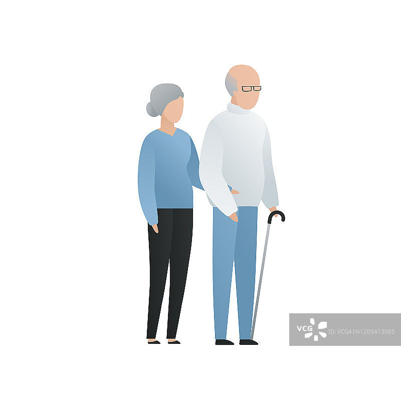 向量现代平老家庭人物插图。可爱的老夫妇男女停留和手孤立在白色的背景。白发和手杖的老年人图片素材