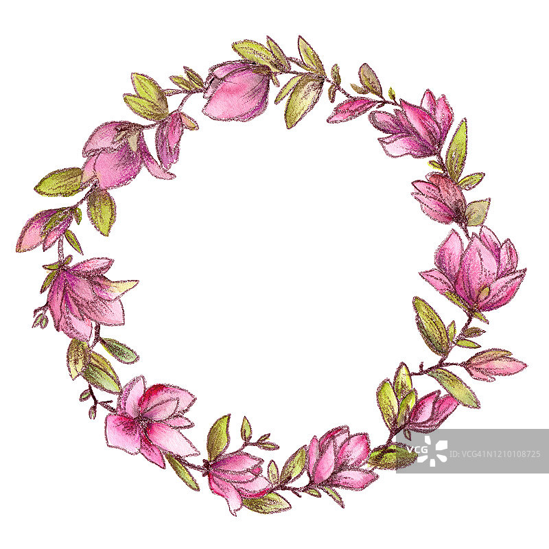 画木兰花圈。用于贺卡装饰的粉色水彩花。婚礼邀请花设计。带有粉红色花朵的节日花架。图片素材