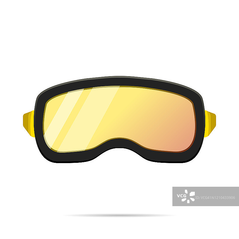 滑雪和滑雪板用黄色防护面罩护目镜，冬季活动用眼镜。极限运动股票矢量插图雪山背景。图片素材