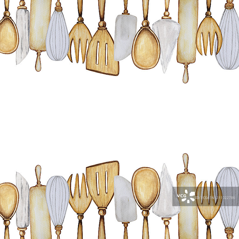 手绘木质厨房配件框架烘烤水彩插图在白色背景与复制空间。它的烹饪时间。烘焙工具。勺子，抹刀，叉子，擀面棍，刀图片素材