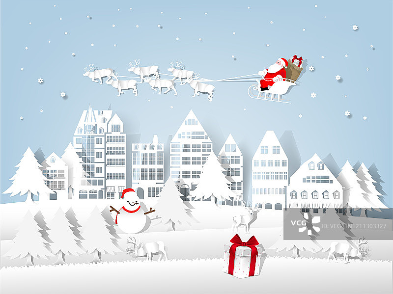 圣诞和新年的插画矢量，圣诞老人在城市上空的插画，纸艺术和工艺风格的设计理念的圣诞和新年图片素材
