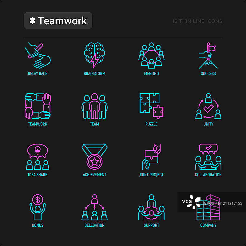 团队细线图标集:接力赛，头脑风暴，成功，会议，想法分享，协作，联合项目，团结，支持，授权，奖金。现代向量插图。图片素材