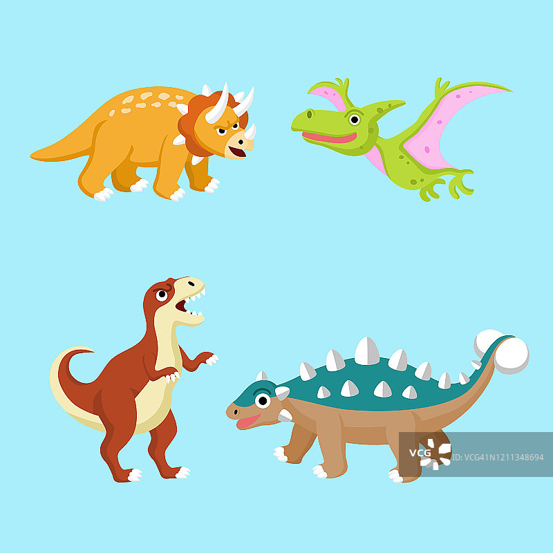 一套可爱的恐龙收集孤立的蓝色背景儿童和儿童。平面设计卡通矢量插图风格。图片素材