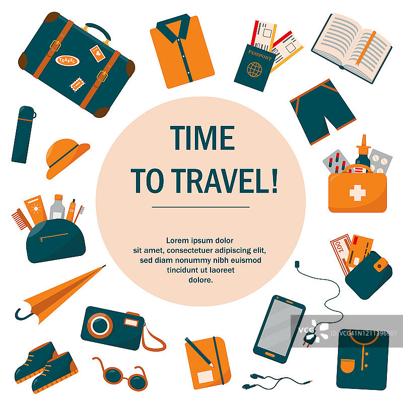 旅行的概念或背景。旅行箱和度假必备物品。行李收集矢量插图在平面风格。图片素材