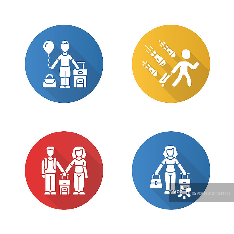 难民平面设计长阴影字形图标集。一对夫妇，孩子带着行李箱出国旅行。旅游,旅行乘客。家庭旅行,度假。移民的孩子,家庭。向量轮廓图图片素材
