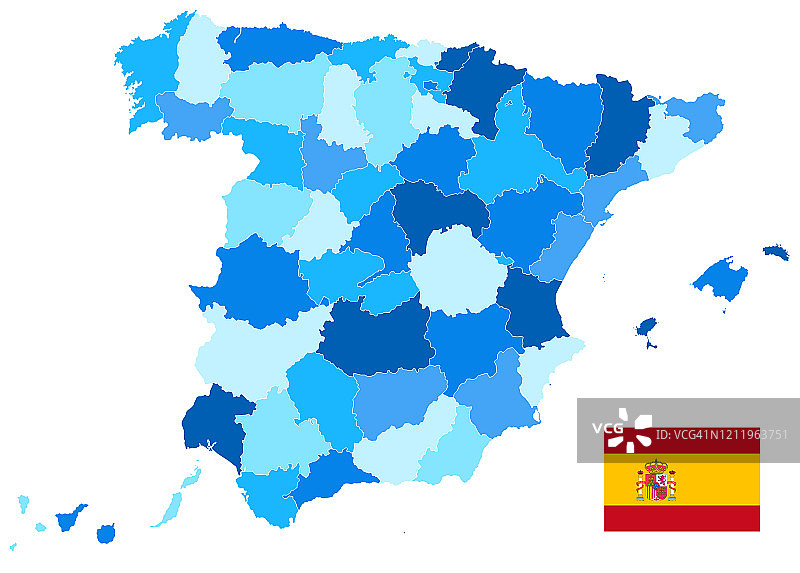 西班牙行政区划地图蓝色孤立在白色。空的地图图片素材
