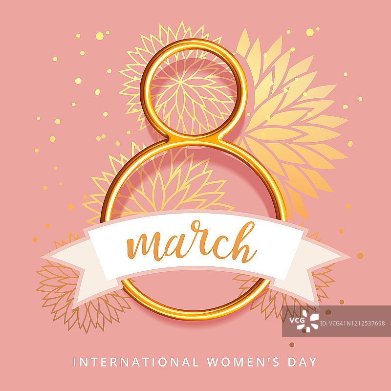 3月8日国际妇女节设计贺卡与金金属数字字母和手绘花卉装饰。奢华的粉色和金色。矢量图图片素材