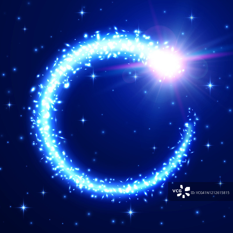 飞行流星在蓝色星空的天空背景。发光的彗星尾巴框架。布满星星的空间背景。带有闪光粒子的陨石痕迹。星系的设计。宇宙闪亮明亮的矢量插图图片素材