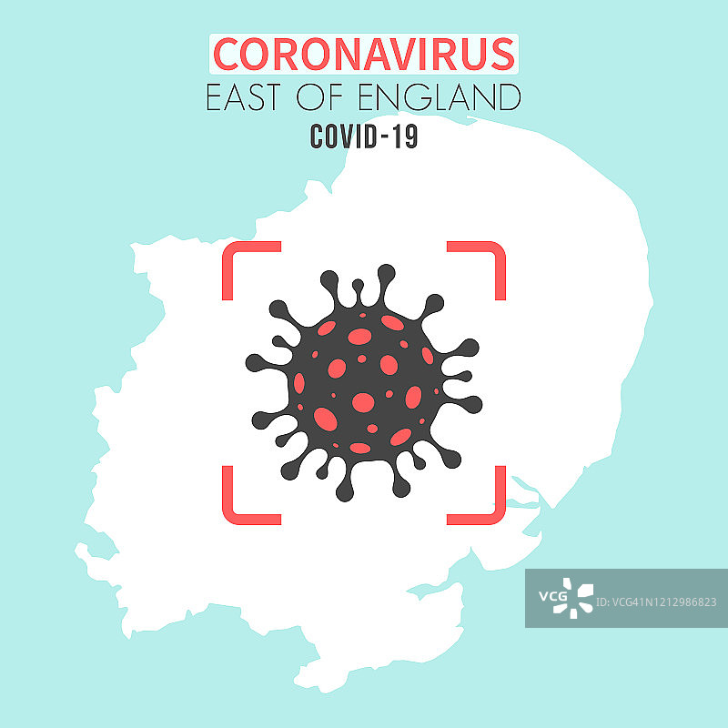 英格兰东部地图，红色取景器中有一个冠状病毒细胞(COVID-19)图片素材