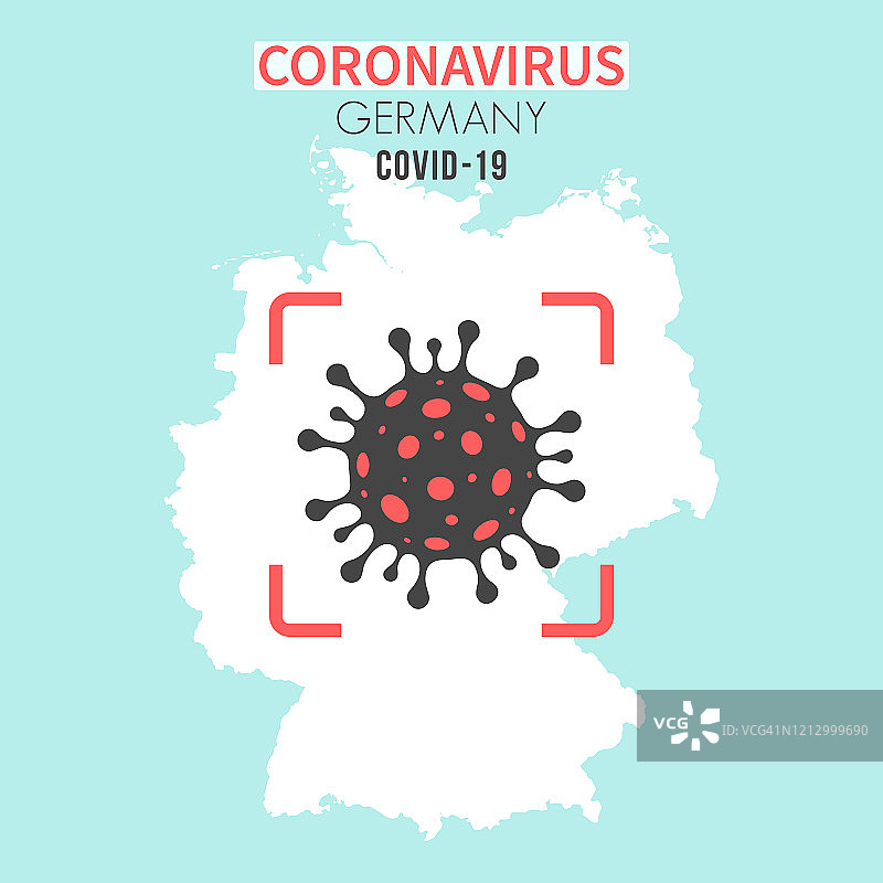 德国地图，红色取景器中有冠状病毒细胞(COVID-19)图片素材