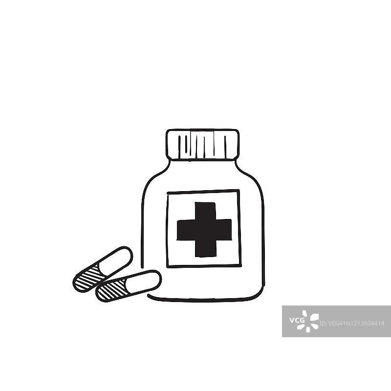 手绘药瓶和药丸。黑白图标。矢量插图涂鸦图片素材