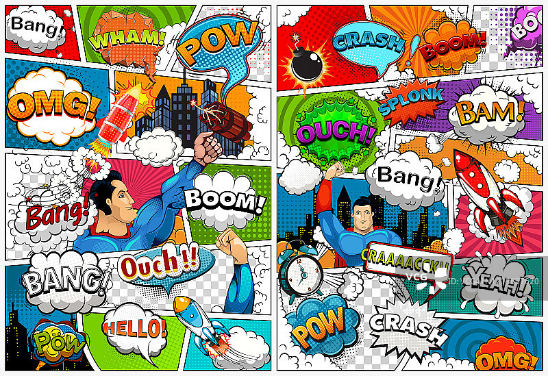 漫画页模板分为台词气泡，火箭，超级英雄和声音效果。复古的背景模型。矢量图图片素材