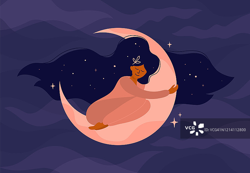 在月亮上睡觉的女孩或现代女巫的插图图片素材