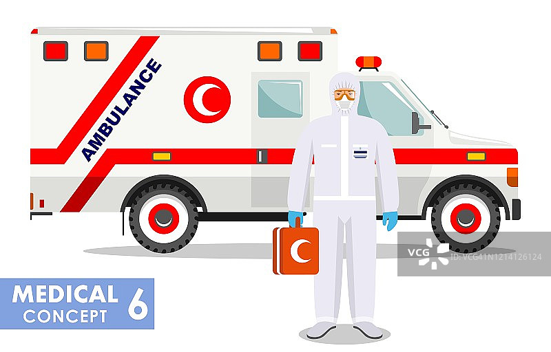医学概念。详细说明的穆斯林阿拉伯急诊医生在防护服和面罩附近救护车在平风格的背景。病毒感染流行病隔离向量。图片素材