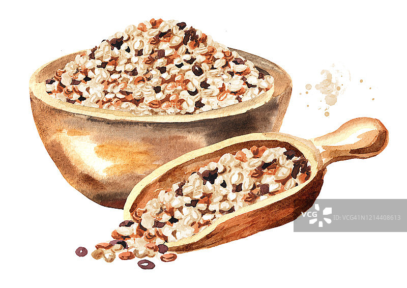 在碗里混合藜麦种子。手绘水彩插图，孤立的白色背景图片素材