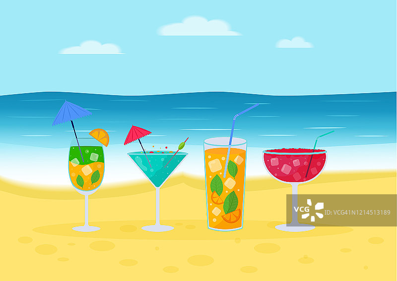 一套热带鸡尾酒。海滩上的夏日酒精饮料，莫吉托，伏特加，萨姆布卡，马提尼，果汁，血腥玛丽。派对邀请的假日概念，酒吧菜单。矢量图图片素材