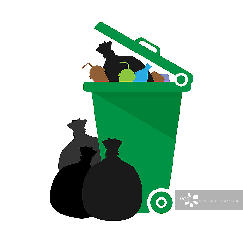 垃圾桶，塑料垃圾桶绿色的废物和塑料袋隔离在白色背景，垃圾桶回收插图，垃圾桶塑料垃圾满，剪贴画垃圾，垃圾桶平面信息图图片素材