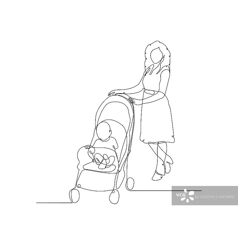 妈妈带着一个小孩坐在婴儿车里。母亲和婴儿的连续线条美术画。涂鸦设计母亲节海报。矢量大纲草图插图上的白色背景图片素材