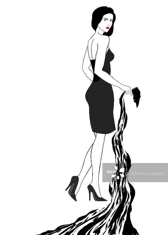 黑白肖像中一个完全成长的女孩穿着高跟鞋穿着黑色的连衣裙图片素材