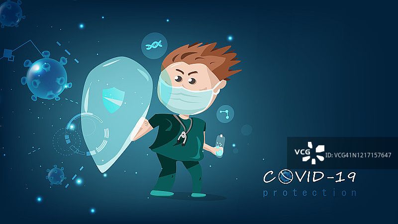 医生人物手持与病毒感染作战的盾牌，医疗保健概念卡通创意设计，技术发展矢量插图图片素材