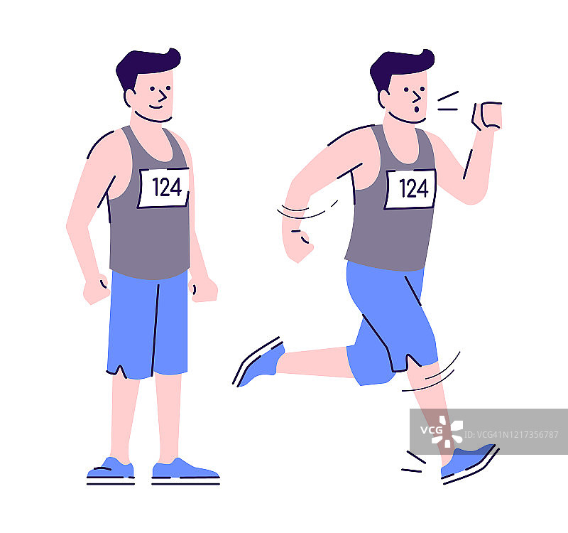 年轻有吸引力的男性慢跑平面矢量插图。马拉松参与者。站立，奔跑的运动白人男子，运动员孤立的卡通人物与轮廓元素在白色的背景图片素材