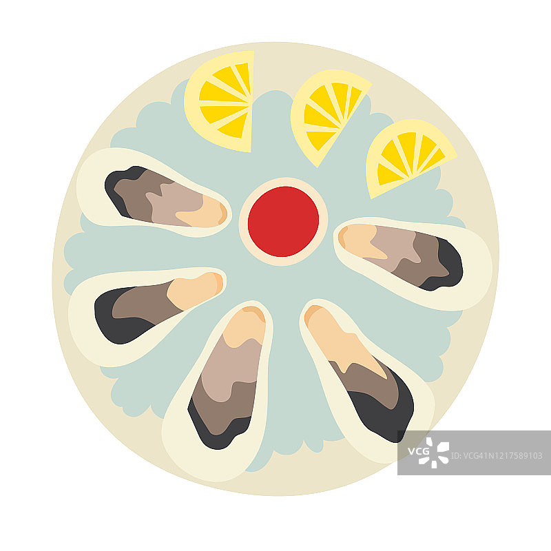 牡蛎和柠檬在盘子矢量插图图片素材