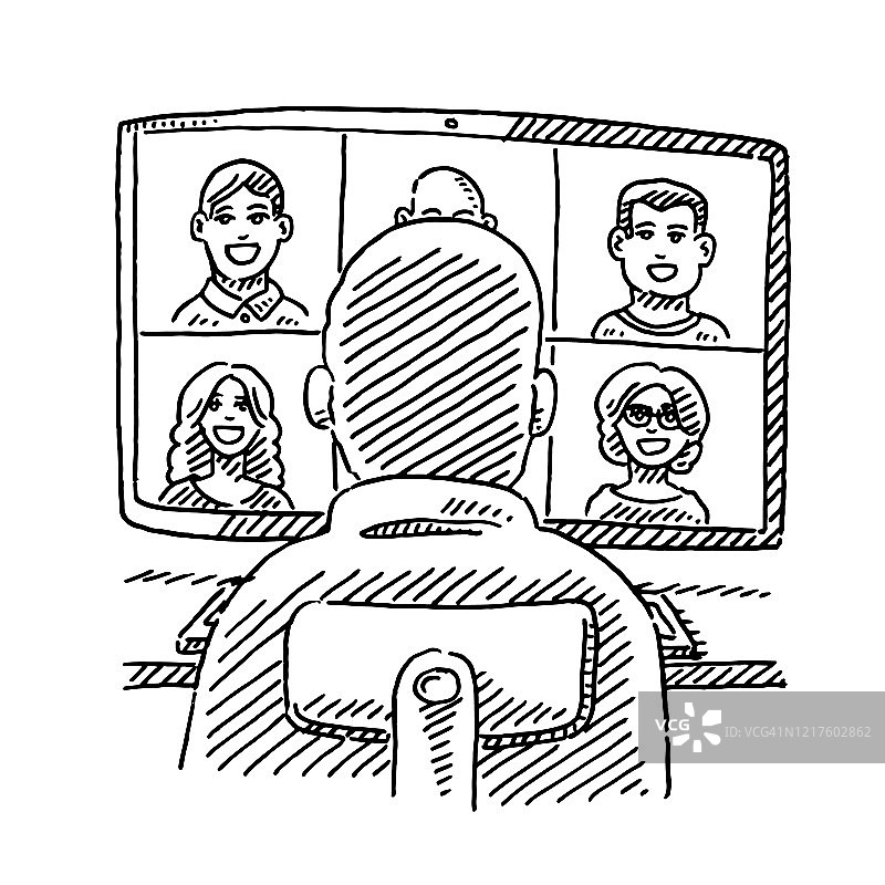 视频聊天的人坐在显示器绘图前图片素材